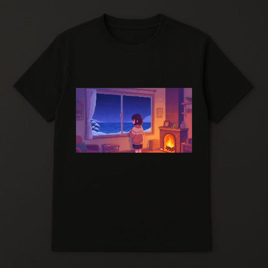 暖炉と海を見つめる少女Tシャツ